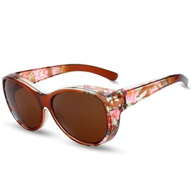 The Fresh High Definition Polarized Wrap Around Shield Sunglasses for Glasses - Leather Eyeglasses Case (F560902 Brown/Floral Flower Print, Brown)