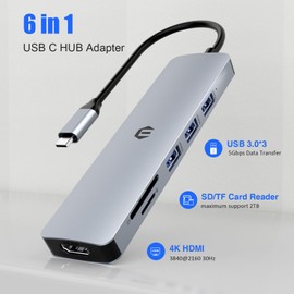USB C HUB, TOTU 6 in 1 Docking Station USB C Adapter with 4K HDMI, SD&TF Card Slot, 3 USB 3.0, Compatible for USB C Laptops and Other Type C Devices