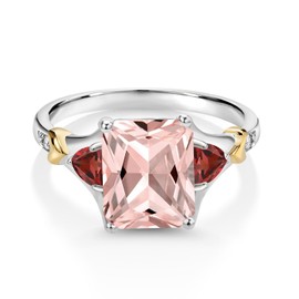 Gem Stone King 925 Silver and 10K Yellow Gold Peach Nano Morganite and Red Garnet and Diamond Engagement Ring For Women (3.62 Cttw, Emerald Cut 10X8MM, Trillion 3.5MM) (Size 9)