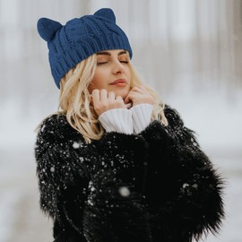 SATINIOR Cute Cat Ear Beanie Hat Cat Knitted Hat Winter Cable Knit for Women(Blue)