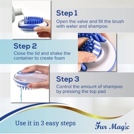 Fur Magic Dog Bath Shower Brush, Pet Grooming and Massage Brush with Shampoo Dispenser for Long and Short Haired Dogs, Blue