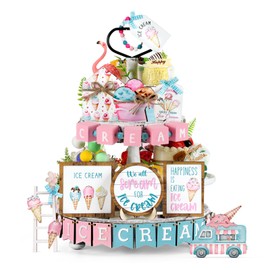 Anglechic Summer Ice Cream Decor Summer Tiered Tray Decor Set Rustic Wooden Ice Cream Bar Supplies Ice Cream Themed Party Decorations Ice Cream Sign for Kitchen Home Summer Party Home Supplies