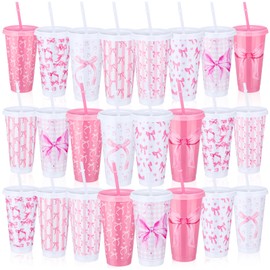 Skylety 24 Pcs 24 oz Pink Bow Tumbler Cups with Straw and Lid Coquette Bow Themed Party Favors 8 Design Reusable Preppy Plastic Travel Cup Gift Birthday Bridal Shower Supplies Decorations