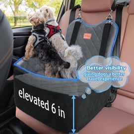 Dog Booster Car Seat for Small Medium Dog Under 35 Lb, 6 Inch Memory Foam Elevated Pet Car Seat Bed with 3 Pockets & 3 Safety Belt, Detachable Washable Puppy Carrier Pet Travel Accessories