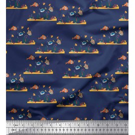 Soimoi Rayon Fabric Coral & Fish Ocean Decor Fabric Printed metre 56 Inch Wide