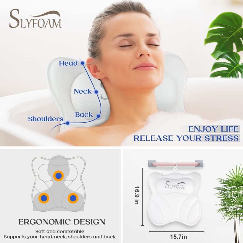Bath Pillow, Bathtub Pillow with Anti-Slip Suction Cups, 4D Mesh