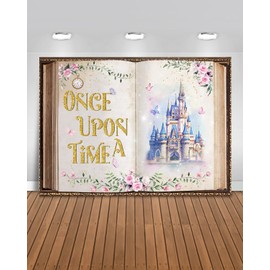 Mocsicka Fairy Tale Book Backdrop Colorful Castle Story Book for Princess Birthday Party Decorations Once Upon a Time Backdrops Floral Butterfly Background (Pink and Gold, 7x5ft(82"x60"))
