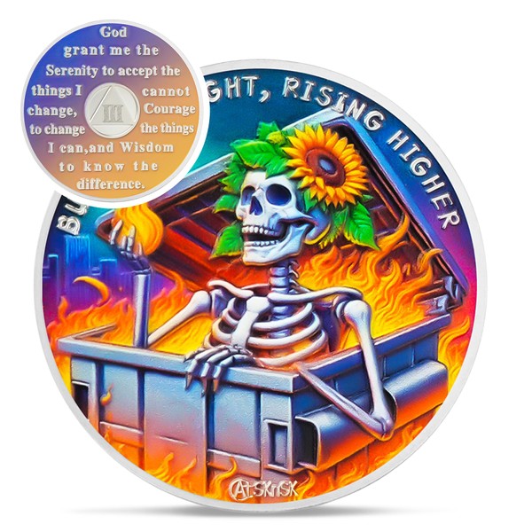 Sunflower Skull 3 Year Sobriety Coin - Dumpster Fire Three