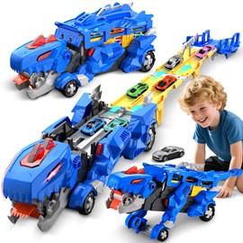 Dinosaur Transport Truck Toy Cars for Boys Aged 3, 4, 5, 6 Years, Transporter for Swallowing with 114 cm Foldable Race Track and 6 Mini Car, Vehicle Sets Gift for Boys Girls
