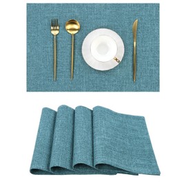 SHACOS Faux Linen Double Layer Placemats Set of 4 Machine Washable Heat Resistant Table Mats Non Slip Cloth Fabric Rustic Farmhouse Place Mats, Dark Teal