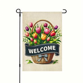 BlissYard Welcome Spring Garden Flag Tulips Garden Decoration Flags Farmhouse Holiday 12x18 Inch Double Sided Flag Small Flower Basket Yard Flag Seasonal Flower Yard Flags