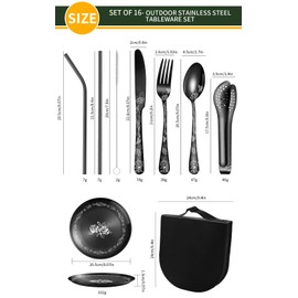 XIAOYU 16 Piece Metal Picnic Tableware Set Camping Picnic Cutlery Set for 2 People Stainless Steel Cutlery Set Unique Floral Design Gold