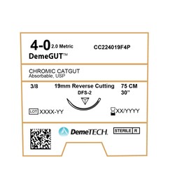DEMETECH DemeGUT Absorbable Chromic Catgut Suture, DFS-2, 19mm, 3/8 Circle, Reverse Cutting Needle, USP Size 4-0, 30 inches, (75cm), Brown