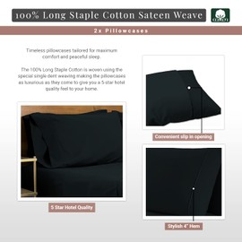 Pizuna Pure 100% Cotton Pillow Cases Queen Size Set of 2 black, Luxurious 400 Thread Count Long Staple Cotton Sateen with Stylish 4" Hem (Combed black Cotton Pillow Cases Queen)