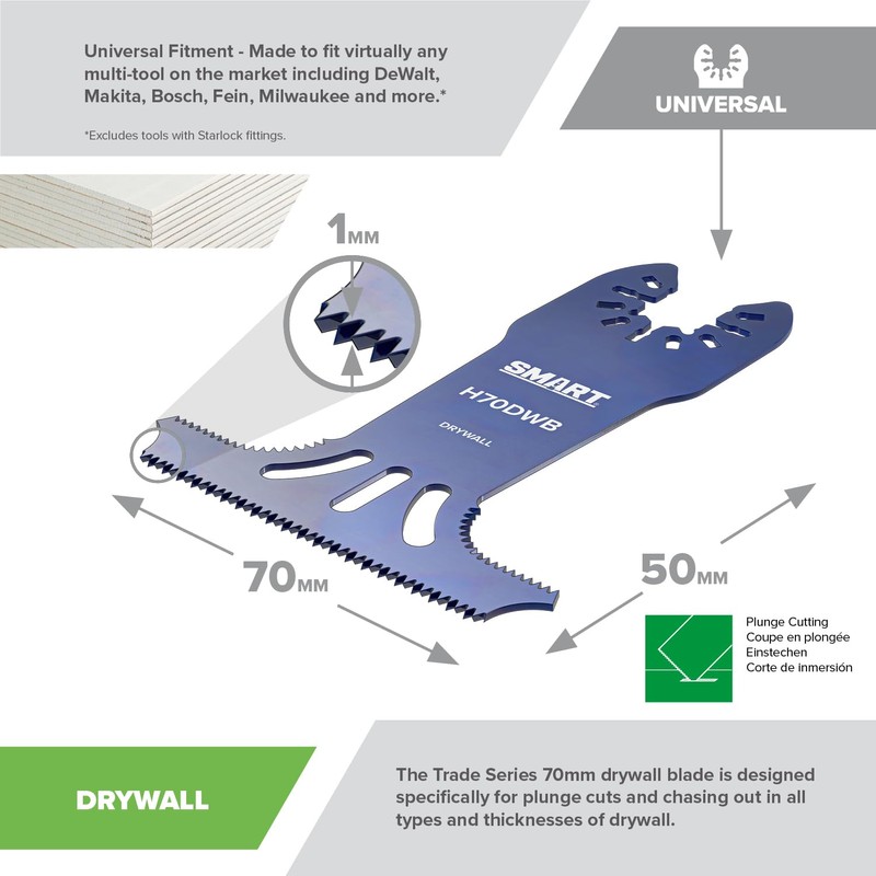 SMART Trade Series 70mm Drywall/Plasterboard Cutting Multi-tool Blade. Suitable for