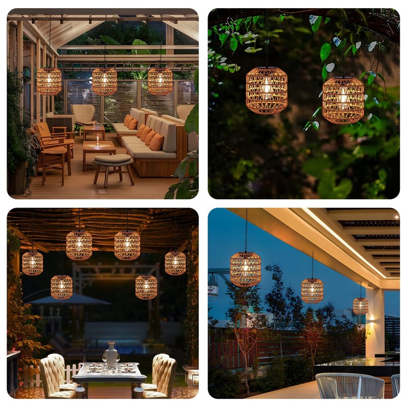 Livinlarge Solar Pendant Light Outdoor,Chandelier Hanging Lantern with Edison Bulb,Boho