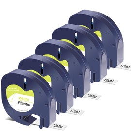 5 Pack 91331 Label Maker Tape/Replacement for Dymo Label Maker Refill 91331 (S0721610) / Black on White 12mm x 4m (1/2Inch x 13Feet) / for Dymo Letratag Refills LT-100H LT-100T Plus 200B 2000