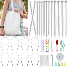 Katech Knitting Needles Set, 9 Pairs Circular Knitting Needles Set and 22 Pcs Single Pointed Knitting Needles Set with Tote Bag Knitting Accessories Knitting Supplies Knitting Needles for Beginners
