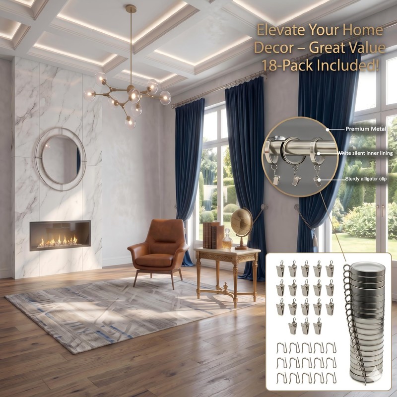 18 Pack Heavy Duty Polished Nickel Curtain Rings with Quieter