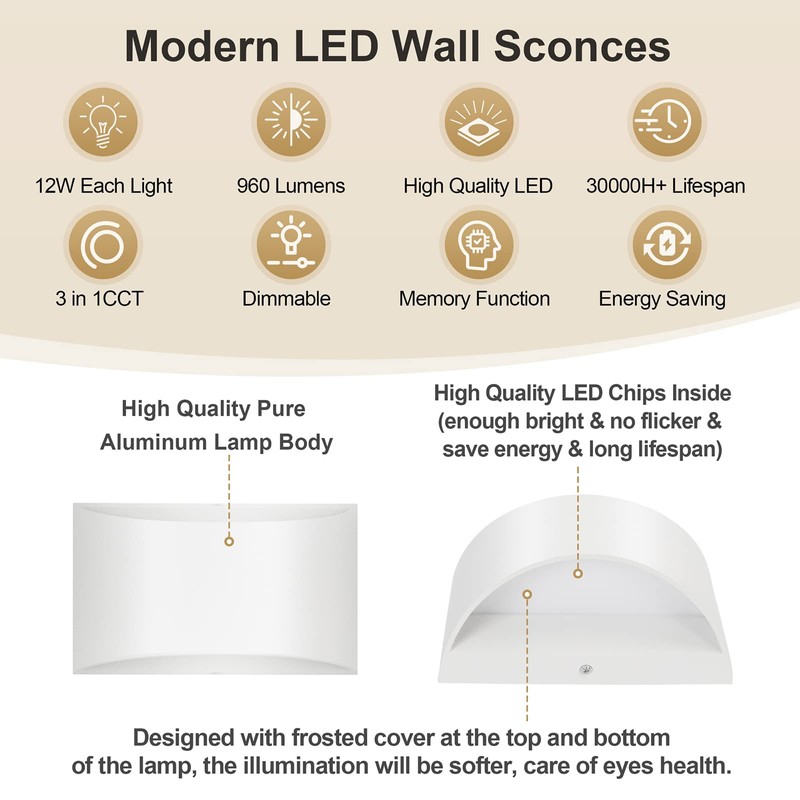 TRLIFE Dimmable Wall Sconces, 3000K/4000K/6000K Selectable Modern LED Wall Sconce