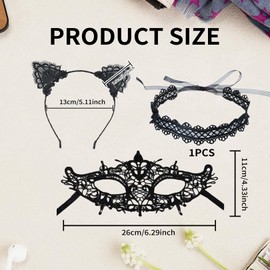 Pack of 3 Cat Costume Women's Accessory Set, Fancy Dress Cat Ears, Headband, Catwoman Mask, Carnival Cat Ears, Fancy Dress Costumes Women's Sexy, Choker Black, for Masquerade Ball Party