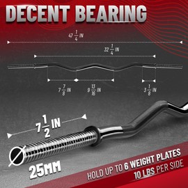 YES4ALL 480lbs Black EZ Curl Bar, 47 Inches Curling Barbell, 1 Inch Weight Lifting Bars for Bicep Tricep, 2 Star Collars