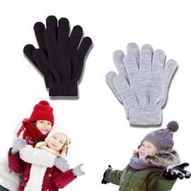 HXLJHALG 2Pairs Kids Gloves for Kids Age 6-12 Years, Winter Warm Magic Gloves Children Stretchy Warm Gloves Knit for Boys and Girls (Black Grey)