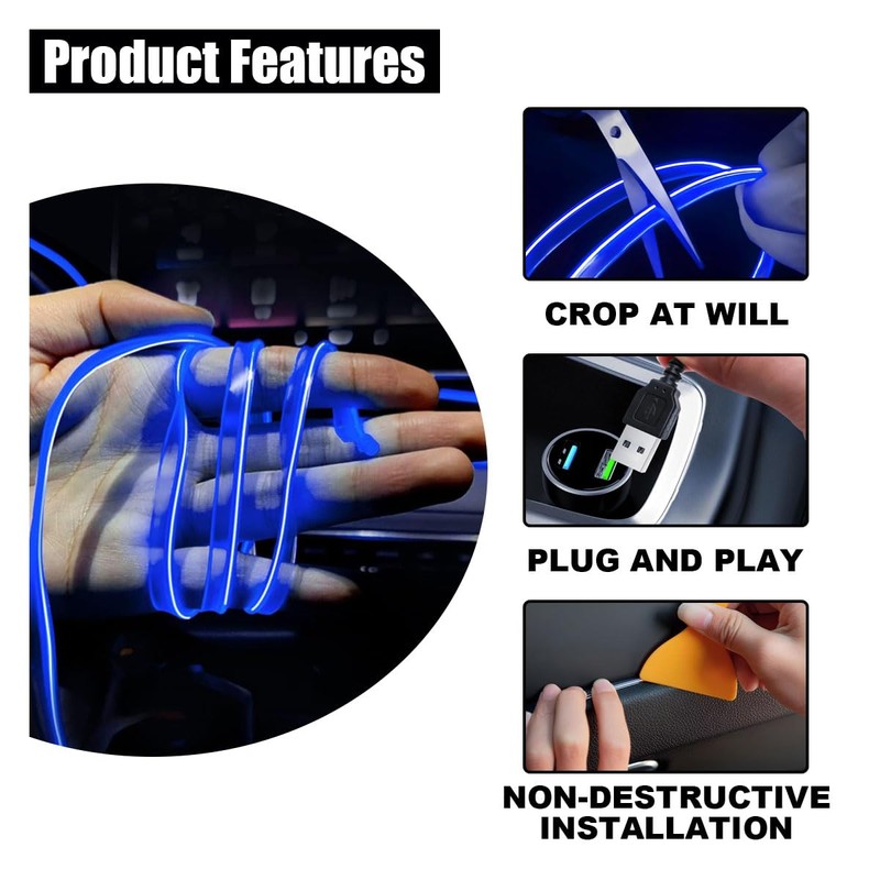 EL Wire Interior Car LED Strip Lights, USB Car Neon