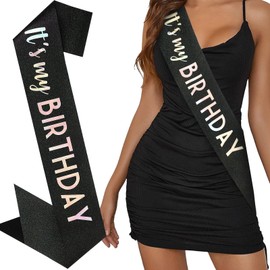 BAHABY It's My Birthday Sash Black Glitter Sash with Multicolor Foil Happy Birthday Decorations for Women Girls Men Boys Black Party Decorations