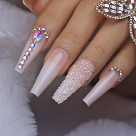 Yivaiks 24 pcs Pink Coffin Press on Nails Long Nails for Women, Glossy Crystal Rhinestone Fake Nails with Nail Glue on Nails,Full Coverage Acrylic Nails（helmsman）