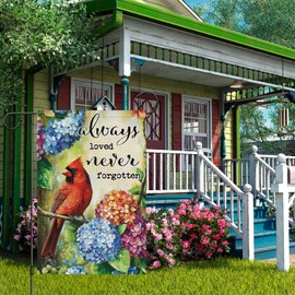 Heyfibro Always Loved Never Forgotten Memorial Spring Garden Flag 12x18 Double Sided Burlap, Spring Summer Cardinal Hydrangea Flower Garden Yard Flags for Retro Rustic Seasonal Outside Outdoor Cemetery Decoration (ONLY FLAG)