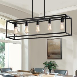 Yusist 5-Light Dining Room Light Fixture,Black Farmhouse Kitchen Island Lighting,Rustic Pendant Light Over Table with Adjustable Rods,Modern Linear Chandeliers for Dining Room Kitchen Island