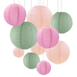 10Pcs Paper Lanterns,Sage Green Pink Round Hanging Tissue Paper Lanterns Decorations for Boho Birthday,Graduation,Garden,Summer Party Garden Home Decor