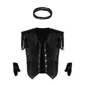 AYYOHON Mens Fringe Leather Vest Cowboy Vest Sleeveless Jacket Pants Bandana Gloves Fanny Pack Set Adult Tassel Outwear Suit M