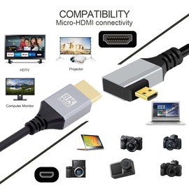 chenyang HDMI 2.1 Cable,HDMI Male to Mini HDMI Male 90 Degree Left Angled 8K@60Hz 4K@120Hz 48Gbps Ultra High-Speed Gold-Plated Cable 1.64FT/0.5M for TV, Monitor, Computer