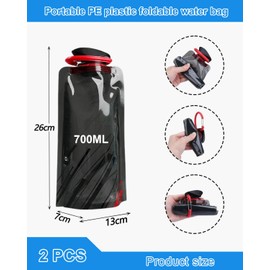 JUKOTA Faltbare Trinkflasche, 2 Stück 700ML Wiederverwendbare Trinkflasche Faltbar, Trinkflaschen Faltbar, BPA-Freie Wasserflasche mit Clip, Wasserflasche für Wandern, Abenteuer, Reisen - Schwarz