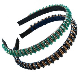 scicent Hairband 2 Pieces Crystal Rhinestone Headbands Thin Embellished Head Band Fashion Hair Bands Party Wedding Headpiece Hair Accessories for Women and Girls (Black+Green) - 16032