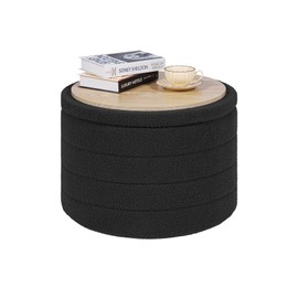 PINPLUS Storage Ottoman, Round Ottoman Teddy Velvet with Tray, Removable Storage Footstool Ottoman Foldable Coffee Table Ottoman for Living Room, Bedroom, Dorm (Dark Grey)