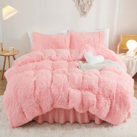 annadaif Fluffy Duvet Cover Queen Size, Pink Plush Shaggy Faux Fur Comforter Cover Velvet Bedding Set with Zipper Closure(1 Duvet Cover, 2 Pillowcases)