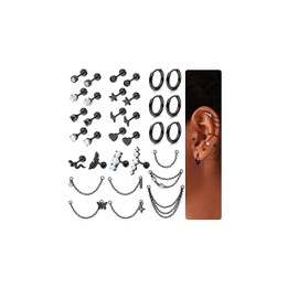 Chriscoco 33 Pieces Helix Piercings Ear Tragus Piercing Stud Earrings Gold/Silver/Black Women's Hoop Earrings with Chain Conch Daith Tragus Cartilage Piercing Set, Stainless Steel, No Gemstone