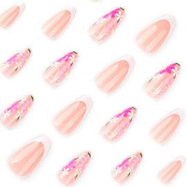 24 Pcs Spring Press on Nails Short Almond Nail Tips,YEFIUO Nude Pink Fake Nails Press ons White French Glue on Nails Acrylic Nail Art Kit Full Cover False Nails with Bow Small Flower Design for Ma'am