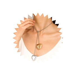 Cybche Gold Heart Necklace Silver Heart Pendant Necklace Metal Puffy Heart Choker Necklace Chunky Heart Long Chain Necklace Double Heart Love Necklace Jewellery for Women, Zinc, No Gemstone