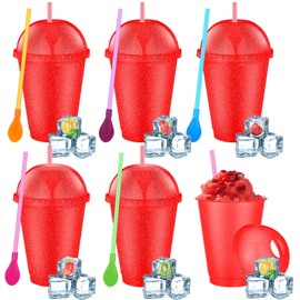 Ninehaoou 6 Set Slushie Cups with Dome Lids and Straws Detachable Spoon Straws Reusable Plastic Iced Coffee Cups Smoothie Tumbler for Birthdays Summer Party Supplies(Red,16 oz)