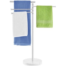 Standing Towel Rack, 4 Tier 360° Rotating Towel Racks for Bathroom with Heavy Marble Base, Freestanding Stainless Steel Foldable Arms Floor Towel Drying Holder Stand for Outdoor Pool, Nickel, YOFOVI