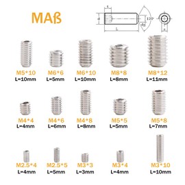 Vigrue 300 Pieces M2.5 M3 M4 M5 M6 M8 Stainless Steel Threaded Screws with Allen Keys