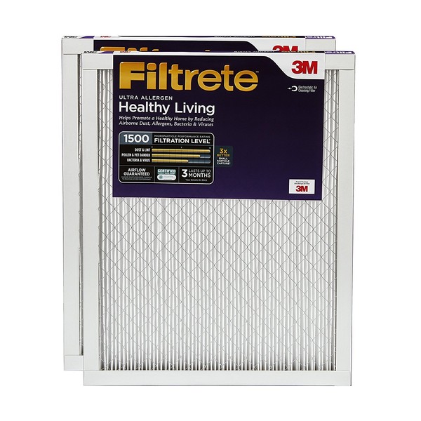 Filtrete 20x30x1 Air Filter, MPR 1500, MERV 12, Healthy Living Ultra-Allergen 3-Month Pleated 1-Inch Air Filters, 2 Filters