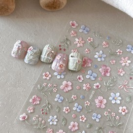 Flower Nails Stickers Spring Nails Sticker 3D Embossed Self Adhesive Sticker Blue Petals Designs Nail Decals Pink Flower Green Leaf Nail Art Decals Summer Decals for Nail DIY Manicure 1Sheets