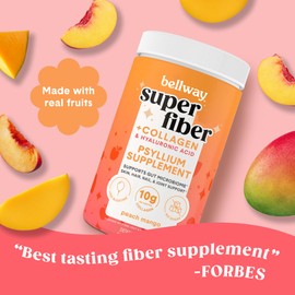 Bellway Super Fiber Powder + Collagen, Sugar-Free Psyllium Husk Powder with Collagen Peptides and Hyaluronic Acid for Digestive Health, Healthy Skin, Nails, Bones & Joints, Peach Mango (20 Servings)
