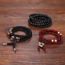Cupimatch 3pcs Men's Women's Buddha Mala Bracelet Prayer Beads Tibetan Buddhist Necklace Sandalwood Ball Strand Wood Bead Bracelet Black Red, Metal, Pearl
