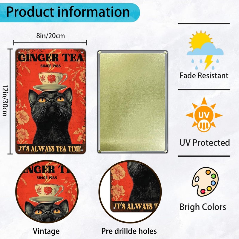 Funny Black Cat Tin Sign Ginger Tea It'S Always Tea